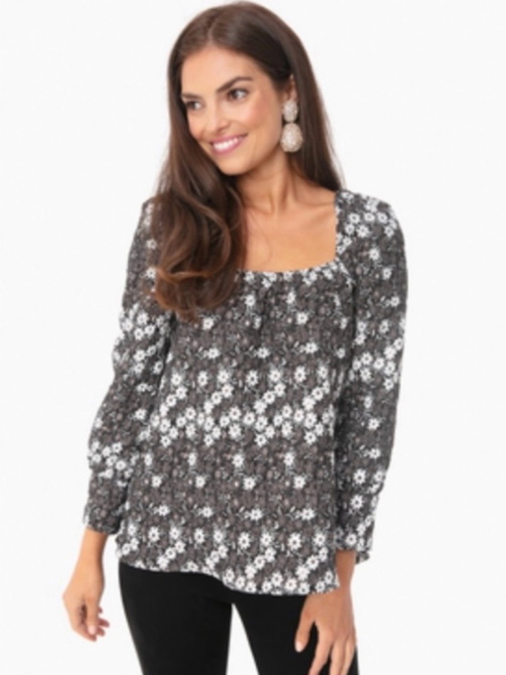 Tuckernuck Elsie Floral Jacquard Top Black White Square Neck Blouse Medium